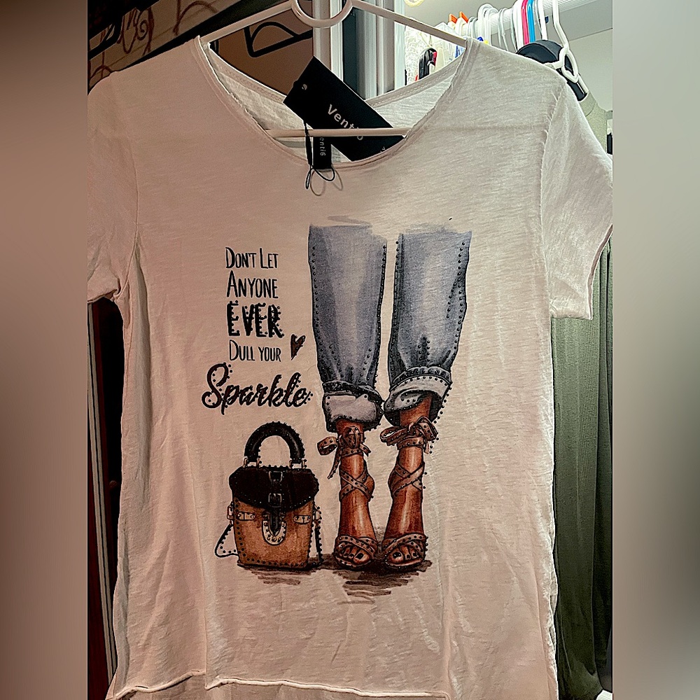 White Tee with photo on front “don’t let anyone dull your sparkle”